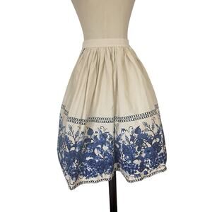 Lindy Bop Skirt Full Beige Blue Floral Circle Rockabilly Retro Style Sz 4 Swing